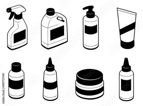 Isometric line art product containers set featuring spray bottles, pump dispensers, tubes, and jars for packaging design and household products