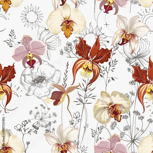 Beautiful fashion hand drawn orchid flowers pattern vector illustration