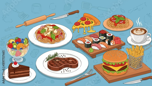 A delicious set of food and drinks featuring gourmet meat, fresh vegetable salad with basil, and artisanal pizza served on a restaurant table for a perfect lunch meal