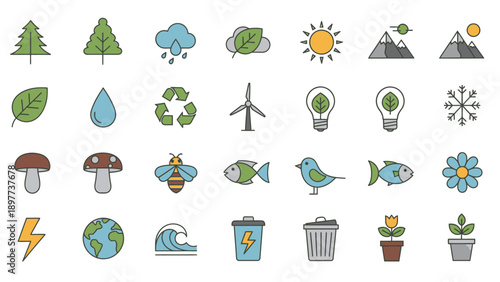 Set of gardening tool icons featuring vector illustrations of a green tree, eco leaf, and water symbols for sustainable nature and summer house design