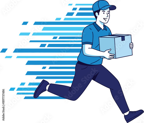 A smiling delivery man in a blue uniform and cap runs swiftly, carrying a cardboard package for express shipping.