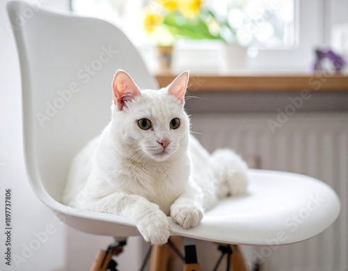 A serene white cat lounges elegantly on a modern white chair, basking in the warm natural light from a nearby window