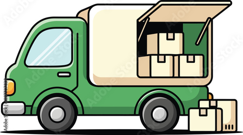 Cartoon green delivery truck with an open cargo bay loaded with cardboard shipping boxes.