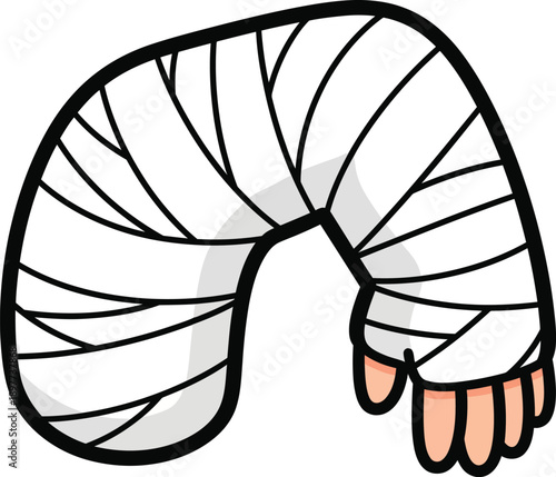 Cartoon illustration of an injured arm bent at the elbow, fully wrapped in a white medical bandage cast.