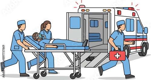 Cartoon illustration of paramedics in blue scrubs rushing a patient on a gurney to an emergency ambulance.