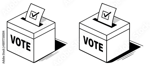 Isometric line art ballot box set featuring voting papers with check marks for elections and democracy
