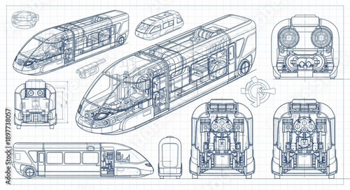 High Speed Train Blueprint Technical Drawing.