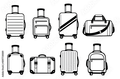Clean line art travel bag set featuring various wheeled suitcases and a duffel bag for vacation concepts