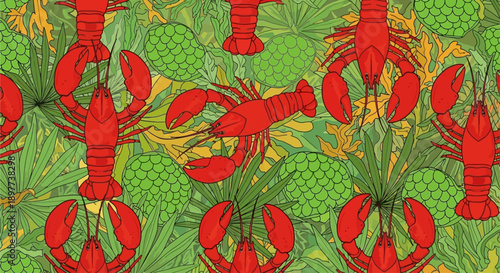 A repeating pattern of red lobsters and green underwater plants and coral, creating a vibrant marine illustration.