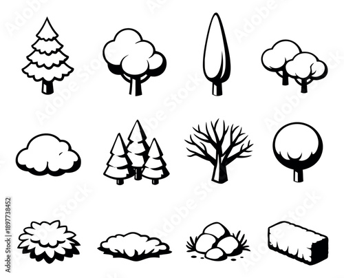 Line art landscape elements set featuring various trees, bushes, rocks, a cloud, and a hay bale for outdoor scenes