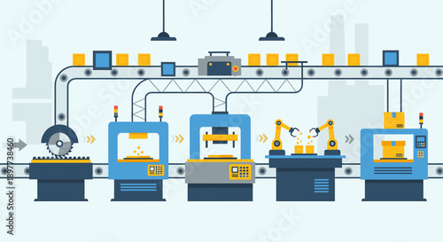 Automated Manufacturing Production Line with Robotic Arms