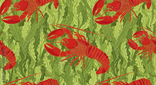 A repeating pattern of vibrant red lobsters against a textured background of green seaweed, creating an underwater theme.