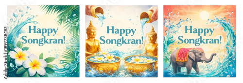 Happy Songkran, three festive cards. Thai new year greeting posters, colorful bright set, traced vector Thailand holiday cliparts
