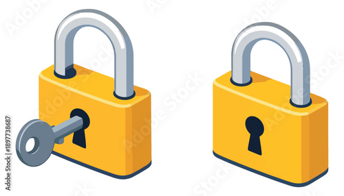 Isometric illustration padlock set featuring a key in one lock and a closed lock for security and access