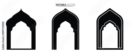 Three detailed black silhouettes of islamic arched windows showcasing varying ornate designs high quality professional