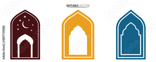Three islamic archway designs in maroon gold and blue with decorative detailing high quality professional