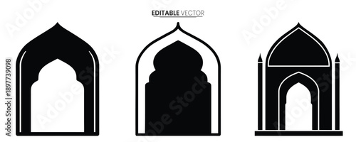 Three black silhouettes of ornate islamic arches varying in design and detail high quality professional