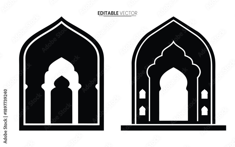 Fototapeta premium Two ornate black and white arched windows or doorways showcasing islamic architectural design elements high quality professional
