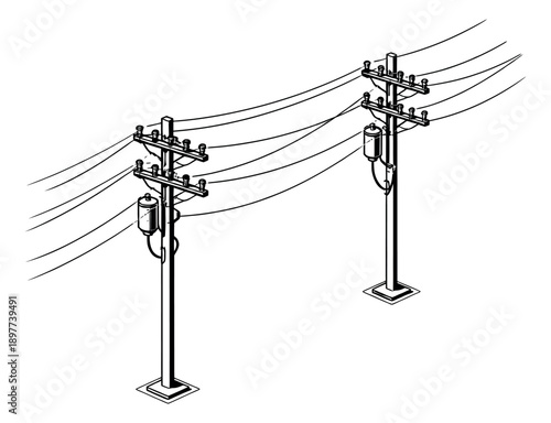 Line art utility poles set featuring power lines and insulators for electrical infrastructure