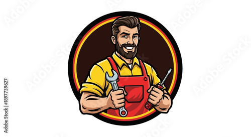 Professional Mechanic Mascot Logo: Smiling Handyman Holding Wrench and Screwdriver. Vector Illustration for Repair and Auto Services Badge.