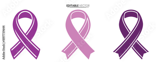 Three awareness ribbons in varying shades of purple and pink symbolize support and remembrance