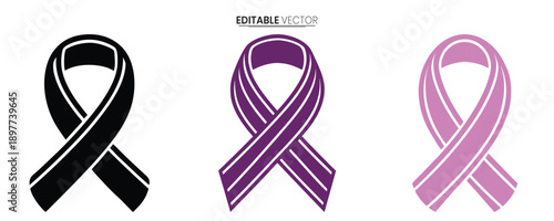 Three ribbon awareness symbols in black purple and pink are displayed against a white background