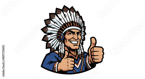 Smiling Chief Mascot Giving Two Thumbs Up. Native American Leader in War Bonnet. Isolated Logo Vector Illustration.