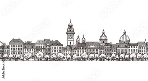 Seamless European City Skyline Sketch: Hand-Drawn Vector Panorama with Old Town Architecture, Clock Tower, and Trees.
