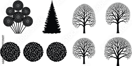 Set of decorative tree and bush silhouettes including evergreen, leafless, and round shrub shapes isolated on white background for landscaping, nature, and design projects