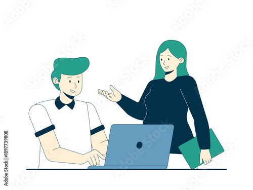 A man and a woman in a work environment may be teamwork, meetings or internship job briefings. Internship illustrations. Flat vector concepts.
