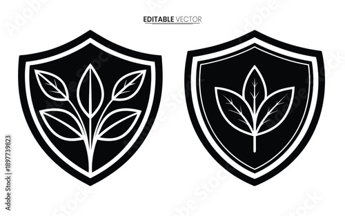 Two black shield emblems featuring stylized leaf designs presented as editable vector graphics high quality