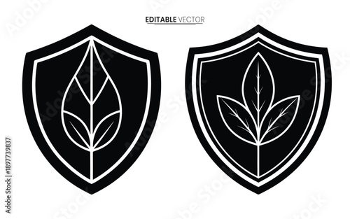 Two black shield emblems featuring a white leaf design presented as an editable vector graphic