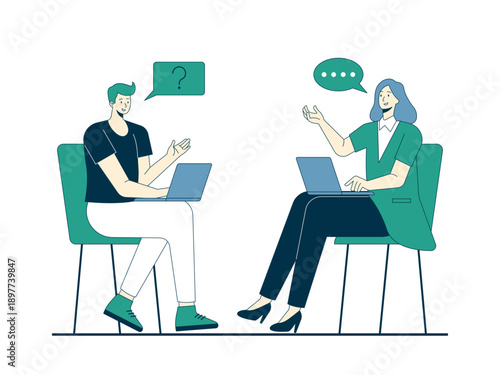 A man and a woman sit in chairs facing each other with laptops depicting a business meeting, job interview, or professional discussion. Internship illustrations. Flat vector concepts.