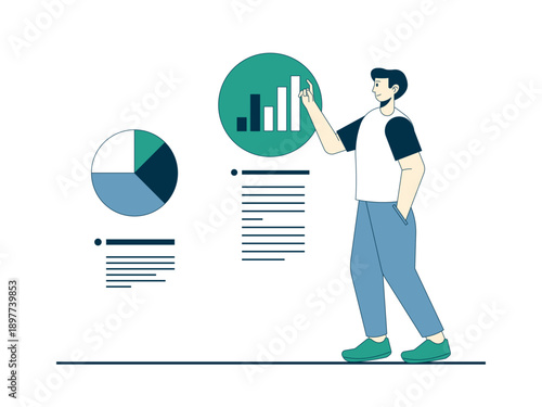 Man worker interacting with data visualizations, specifically bar graphs and pie charts. Internship illustrations. Flat vector concepts.