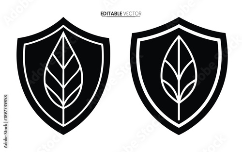 Two black shield emblems featuring a central leaf design presented as editable vector graphics