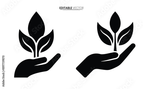 Canvas-taulu Two black silhouettes depict hands gently holding sprouting leaves symbolizing g