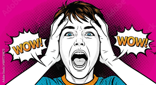 Pop Art Style Man Screaming "WOW!" Comic Book Expression of Shock, Surprise, and Astonishment.