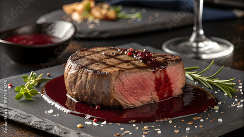 Filet mignon steak, thick cut, medium rare center, smooth texture, red wine sauce drizzle, elegant fine dining presentation, dark background