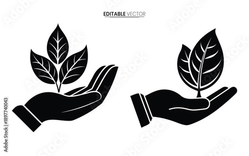 Two black silhouette illustrations depicting cupped hands gently holding delicate plant leaves high quality professional