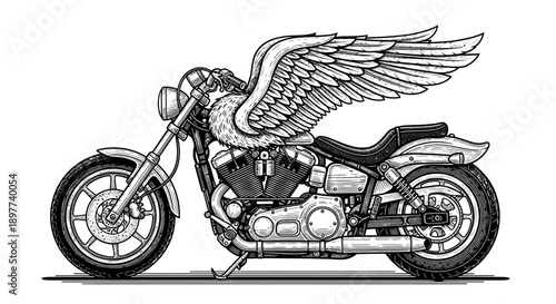 Classic Winged Chopper Motorcycle Engraving. Black and White Biker Freedom Symbol Vector Illustration for T-Shirt Design