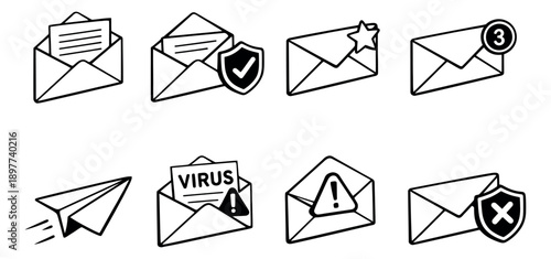 Hand drawn line art email and messaging icons set featuring various mail states, notifications, security, and threats for web and app design