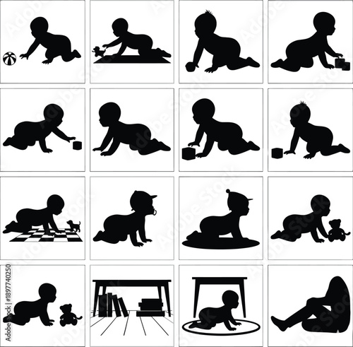Infant Crawling and Baby Exploration Silhouette Set - Developmental Milestone and Early Learning