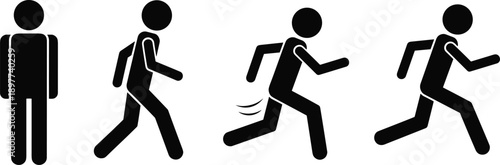 Black stick figure human icons showing standing walking running motion sequence set isolated vector illustration fitness activity symbol design