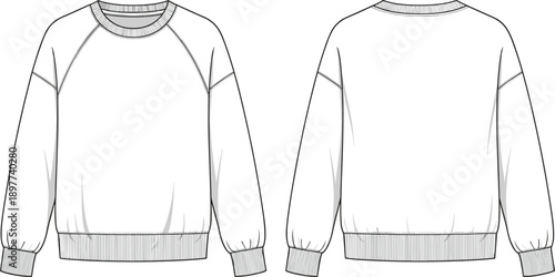 Blank sweatshirt mockup front and back view vector template with ribbed cuffs collar long sleeves apparel design isolated white background