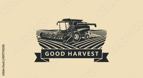Combine Harvester Logo Badge: Retro Farm Machinery Emblem in Woodcut Style on Plowed Field - Good Harvest Sign
