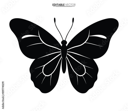 A striking black silhouette of a butterfly with detailed wing patterns presented as an editable vector