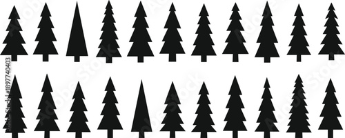Evergreen pine tree silhouette vector icon set, minimal forest shapes collection, black woodland symbols, nature clipart elements