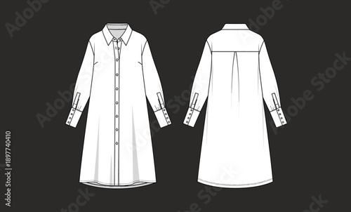 Long sleeve shirt dress mockup front and back view vector template button down collar cuff apparel fashion isolated