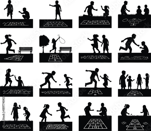 Kids Playing Hopscotch Silhouette Set - Childhood Street Games and Active Play Icons