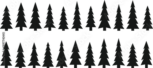 Pine tree silhouette vector set, evergreen forest icons collection, black woodland shapes, minimal nature clipart, winter design elements